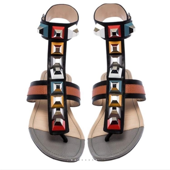 New! FENDI multicolor leather and lizard embossed multi studded Size 38 flats - Picture 8 of 10